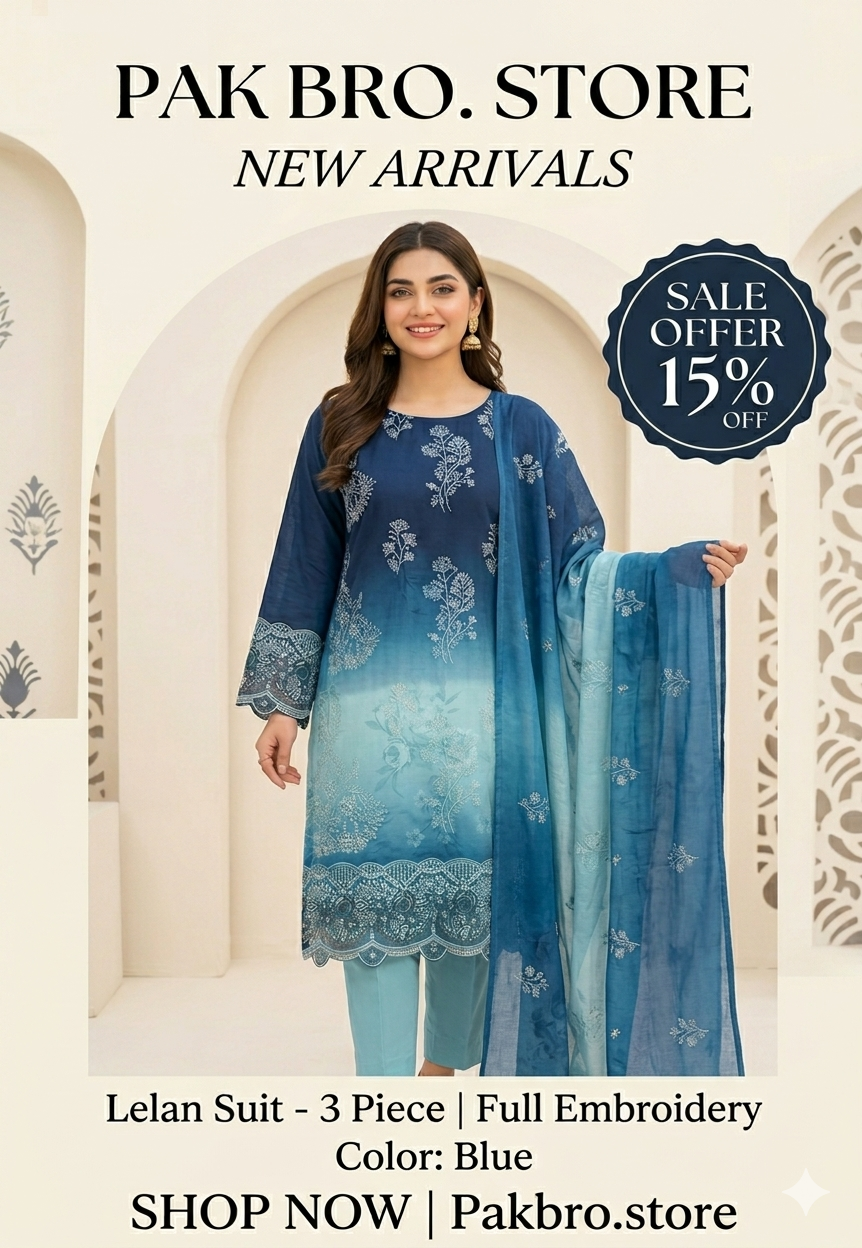 3-Piece Embroidered Ombre Lelan Suit